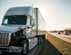white semi truck 18 wheeler on side of road front end damage